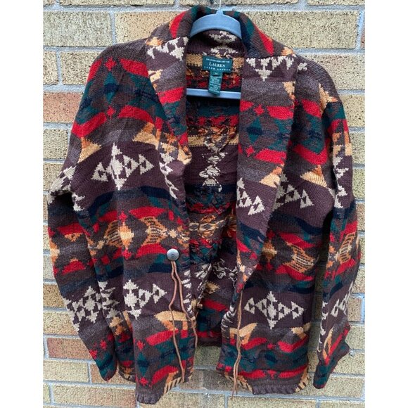 Ralph Lauren Brown Southwestern Sweater Cardigan Native Coat Aztec Camping Ranch - Picture 1 of 9